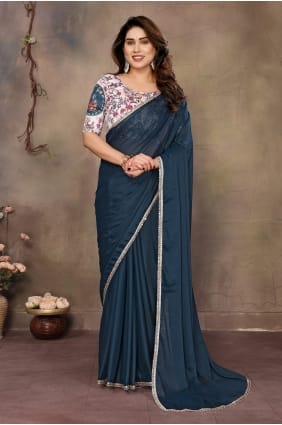 Sari imprimé en georgette turquoise SR30074