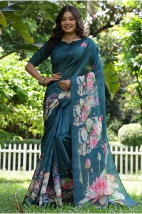 Saree en soie Tussar bleu sarcelle avec imprimé SR29684