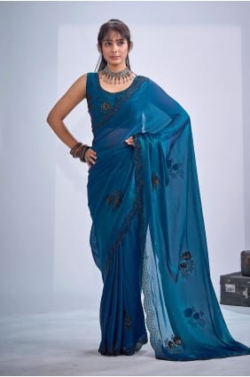 Sari en satin turquoise et pierre SR30018