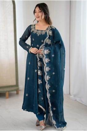 Ensemble Anarkali en soie turquoise sequins AS4241