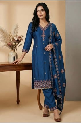 Salwar Kameez en soie à sequins turquoise SK156070