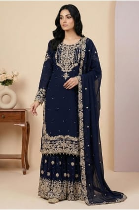 Ensemble Sharara bleu marine en georgette synthétique avec dupatta SS1341
