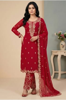 Salwar Kameez en faux georgette avec broderie rouge SK15632