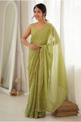 Sari en georgette couleur pistache avec fil SR30257