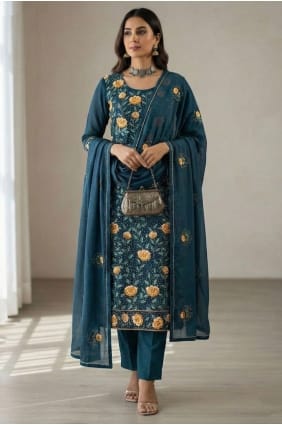 Salwar Kameez Georgette bleu sarcelle en fil SK15646