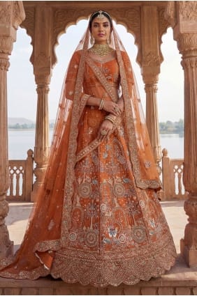 Lehenga Choli en soie avec fil orange LC9010