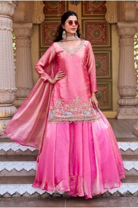 Lehenga choli rose en fil de polyester avec dupatta LS094