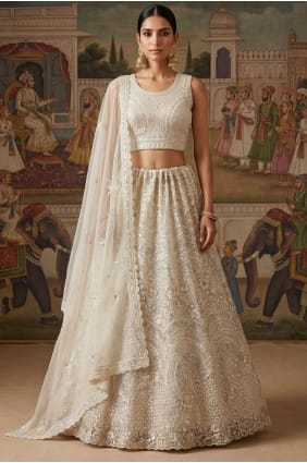 Lehenga Choli de mariage en fil de résille blanc avec dupatta LC8933