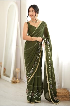 Sari en georgette Mahendi avec chemisier assorti SR30253