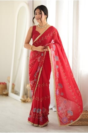 Sari rouge en georgette avec fil SR30259