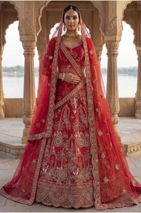 Lehenga Choli en soie rouge avec fil LC9011