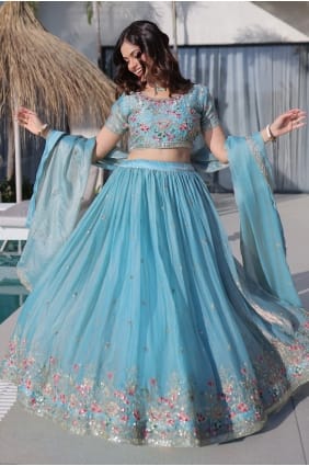 Lehenga Choli en soie bleu ciel avec fil LC9091