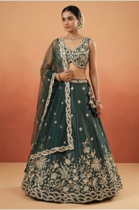 Lehenga Choli en tissu vert foncé brodé LC9170