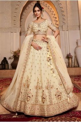 tissu brodé crème party lehenga choli avec dupatta LC8349