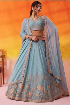 Lehenga Choli en tissu brodé vert d'eau LC8847