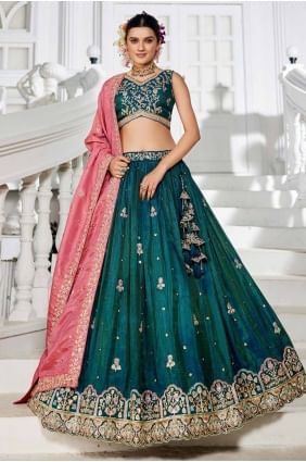 choli lehenga vert sarcelle brodé en tissu avec dupatta LC8494