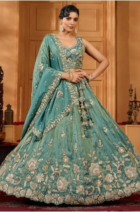 Lehenga Choli vert brodé en tissu LC8813