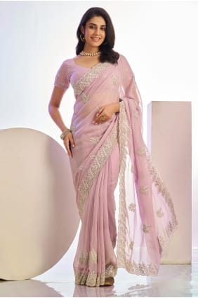 Sari en tissu rose brodé SR29759