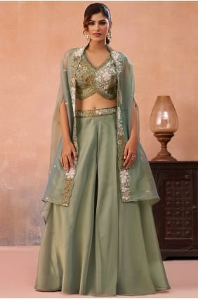 Ensemble palazzo en tissu brodé vert sauge PZ4507