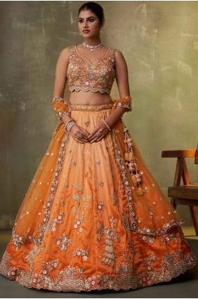 Lehenga choli en tissu brodé orange avec dupatta LC8843
