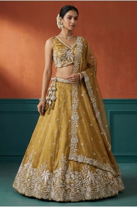 Lehenga Choli moutarde en tissu brodé LC9204