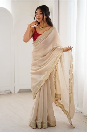 Sari en tissu beige avec zari, sequins et broderies SR30327