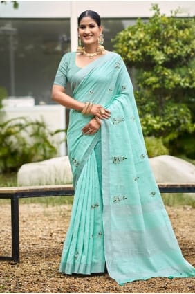 Sari en lin turquoise avec broderies SR29915