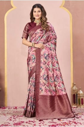 Saree en soie Tussar à impression numérique marron SR29096