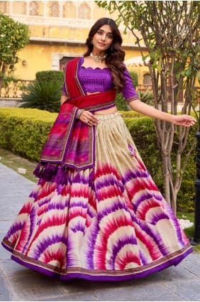 Lehenga Choli en soie tussar et dentelle multicolore avec dupatta LC8981