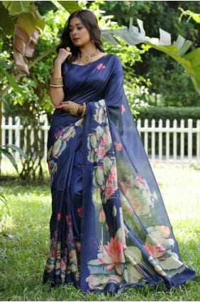 Sari en soie Tussar bleu marine avec imprimé SR29682