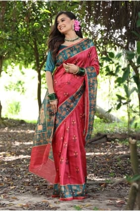 Saree rouge rubis avec soie Tussar imprimée SR29298