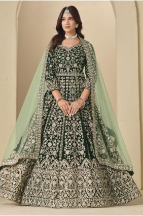 Anarkali brodée en velours vert AS4188