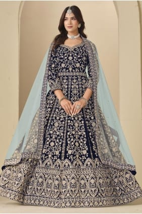Anarkali en velours bleu brodé AS4190