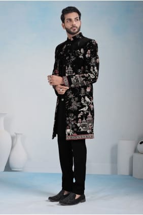 Kurta pour homme en velours noir brodé KURR248