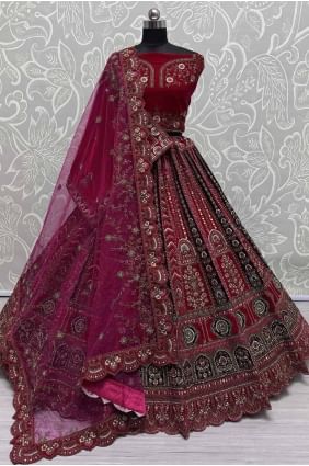 Lehenga choli rose en velours brodé pour mariée LC8480