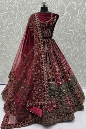 Ensemble de mariée Lehenga Choli brodé en velours marron LC8660