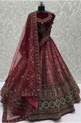 Lehenga Choli en velours brodé marron LC8573