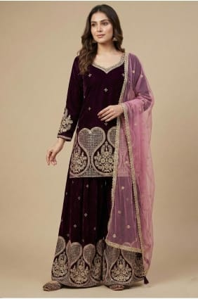 Ensemble palazzo en velours à sequins couleur bordeaux avec dupatta, idéal pour l'Aïd. PZ4283