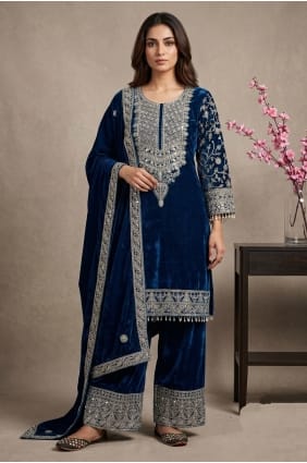 Salwar Kameez turquoise avec velours brodé SK159161