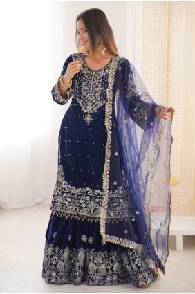 Ensemble Sharara en velours bleu marine orné de pierres SS1296