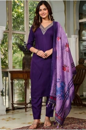 Ensemble Anarkali violet en viscose brodée SK155859