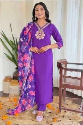 Salwar Kameez violet en chanderi avec broderie SK155659