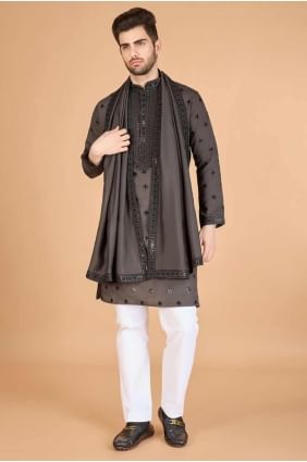 kurta marron brodé en viscose pour homme avec dupatta KURR512