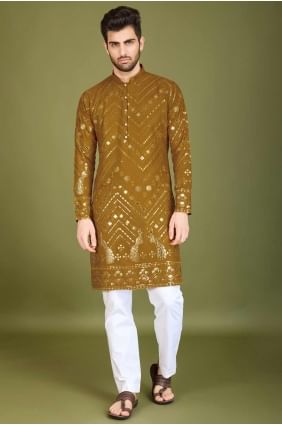 kurta homme en viscose brodée moutarde avec dupatta KURR530