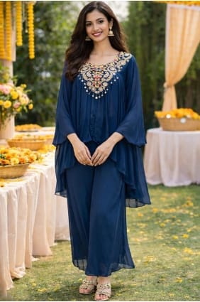 Kurta en viscose bleu, confectionné à la main KTI2674