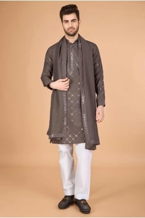 Viscose Hommes Kurta en marron avec broderie KURR450