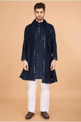 Viscose Hommes Kurta en bleu Nevy avec broderie KURR446