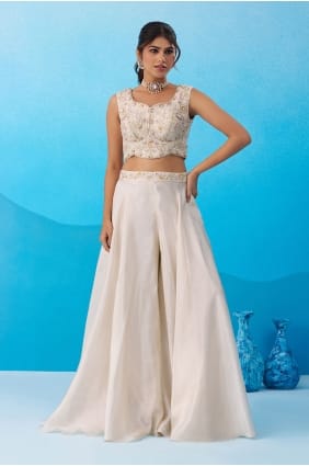 Ensemble palazzo brodé en viscose crème avec dupatta PZ4498