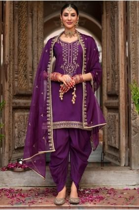 Salwar Kameez violet en viscose brodée avec dupatta SK155792
