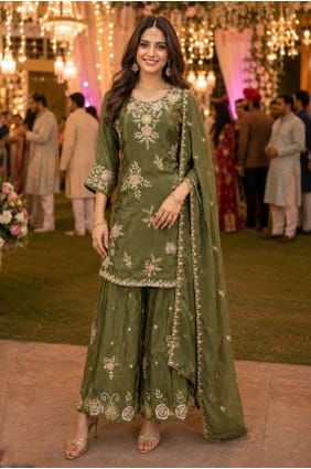 Costume Sharara brodé en viscose verte Mehendi avec Dupatta SS1373
